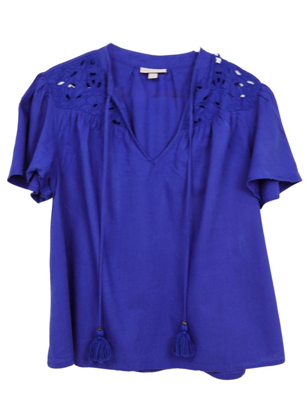 Knox Rose Blue Embroidered Tassel Boho Blouse Large Cotton Rayon